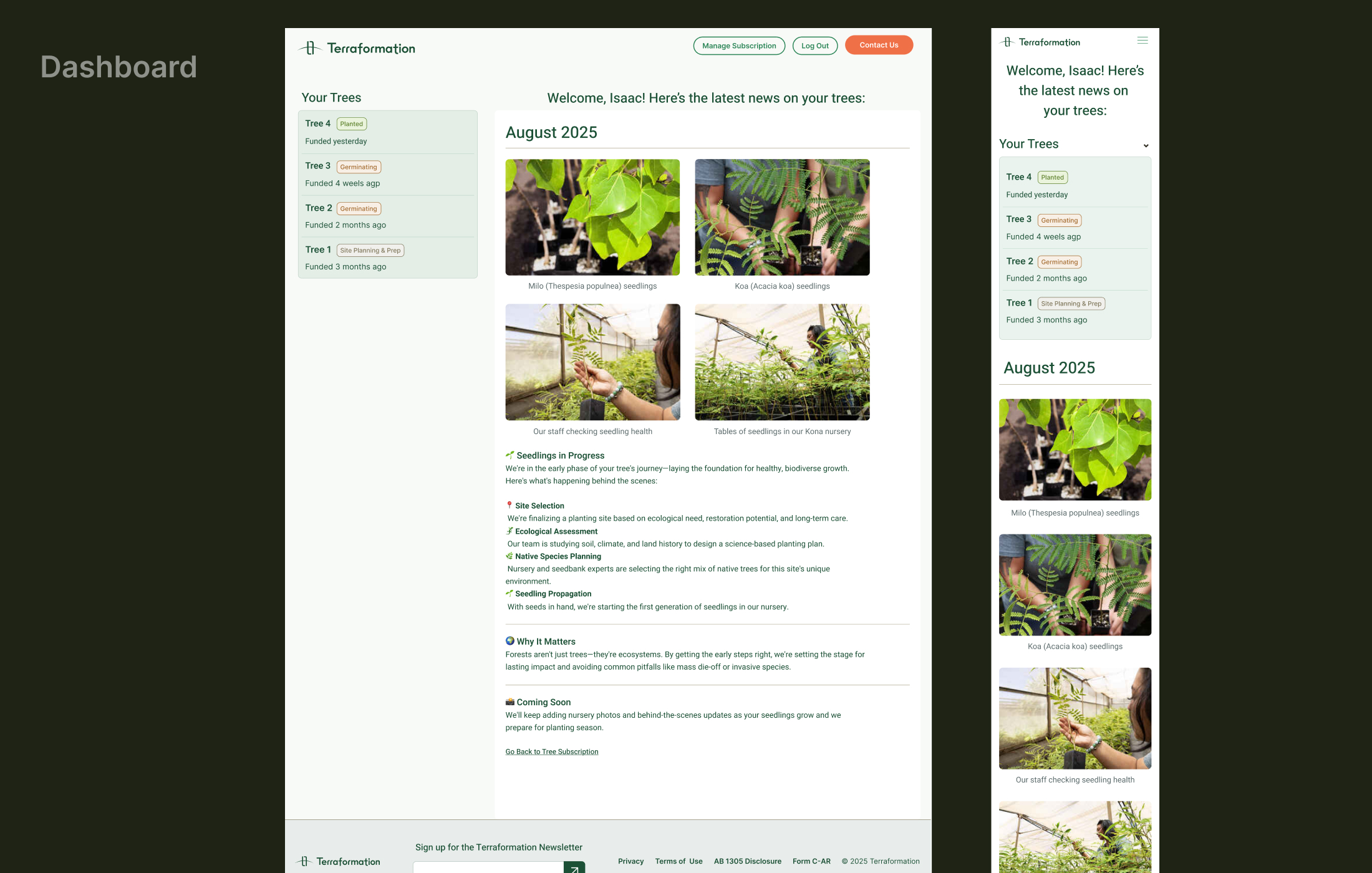 Tree subscription user dashboard